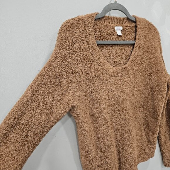 Stars Above Fuzzy Scoop Neck Long Sleeve Brown Sherpa Sweatshirt Pullover Small - Picture 3 of 7
